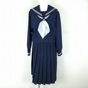 1円 セーラー服 スカート スカーフ 上下3点セット 指定 大きいサイズ 冬物 白2本線 女子 学生服 中学 高校 紺 制服 中古 ランクC NA1410