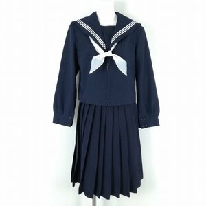 1円 セーラー服 スカート スカーフ 上下3点セット 165A 冬物 白3本線 女子 学生服 中学 高校 紺 制服 中古 ランクC NA1614