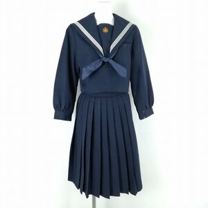 1円 セーラー服 スカート スカーフ 上下3点セット 冬物 白3本線 女子 学生服 福岡宗像城山中学 紺 制服 中古 ランクC NA1532