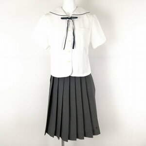 1円 セーラー服 チェックスカート 紐タイ 上下3点セット S 夏物 青1本線 女子 学生服 福岡自由ヶ丘高校 白 制服 中古 ランクC NA1683