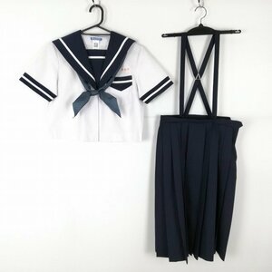 1円 セーラー服 スカート スカーフ 上下3点セット 夏物 白1本線 女子 学生服 宮崎中学 白 制服 中古 ランクC NA1645