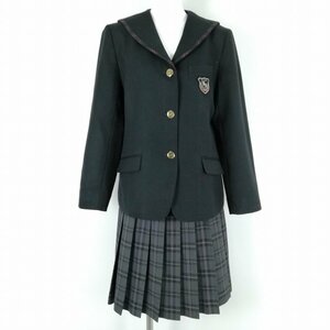 1円 セーラー服 チェックスカート 上下2点セット L 大きいサイズ 富士ヨット 冬物 柄1本線 九産大付属九州産業高校 黒 中古 ランクC NA1593