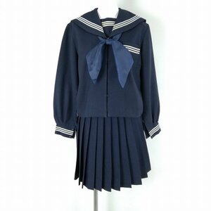 1円 セーラー服 スカート スカーフ 上下3点セット 大きいサイズ 冬物 白3本線 女子 学生服 中学 高校 紺 制服 中古 ランクC NA1720