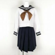 1円 セーラー服 スカート スカーフ 上下3点セット 中間服 白3本線 女子 学生服 中学 高校 白 制服 中古 ランクC NA1792_画像1