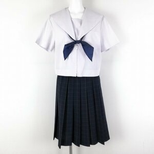 1円 セーラー服 チェックスカート スカーフ 上下3点セット 大きいサイズ 夏物 女子 学生服 中学 高校 白 制服 中古 ランクC NA1984