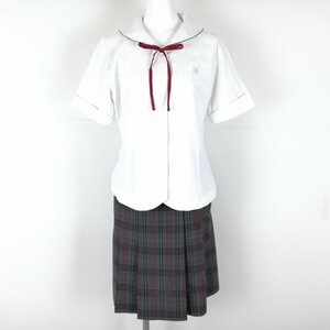 1円 セーラー服 チェックスカート 紐タイ 上下3点セット L 夏物 青1本線 女子 学生服 中学 高校 白 制服 中古 ランクB NA2293