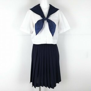 1円 セーラー服 スカート スカーフ 上下3点セット 大きいサイズ 夏物 青3本線 女子 学生服 千葉柏南高校 白 制服 中古 ランクC NA1057