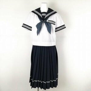 1円 セーラー服 スカート スカーフ 上下3点セット 大きいサイズ 夏物 白3本線 女子 学生服 中学 高校 白 制服 中古 ランクB NA0880