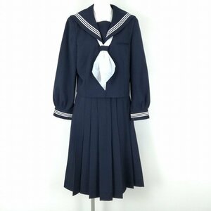 1円 セーラー服 スカート スカーフ 上下3点セット 冬物 白3本線 女子 学生服 中学 高校 紺 制服 中古 ランクB NA2200