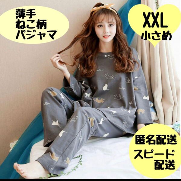 猫パジャマ XXL ネコ柄 ネコ好き オーバーサイズパジャマ 上下セット 韓国　24時間以内配送　部屋着　薄い