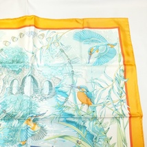 HERMES エルメス au bord de l'eau カレ90 シルクスカーフ 翡翠鳥 カワセミ　中古品 used A_画像3