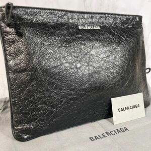 【！未使用品・箱袋付き！】 BALENCIAGA バレンシアガ クラッチバッグ レザー シワ加工 ロゴ 多収納 ポケット多 黒 ブラック メンズ