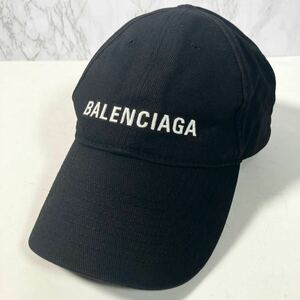 【！超美品！】 BALENCIAGA バレンシアガ ベースボールキャップ L59 マジックテープ ロゴ刺繍 デカロゴ コットン ブラック 帽子 キャップ