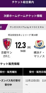 京都サンガ vs 横浜Fマリノス J1 チケット サンガスタジアム 南上層自由席大人1枚