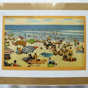 戦前彩色絵葉書 海水浴場 額付き アメリカンアンティーク