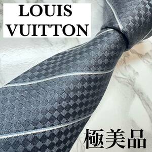 極美品 近年モデル レア LOUIS VUITTON ネクタイ シルク100% マイクロダミエ LVロゴ レギュラータイ ブランドロゴ 刺繍 グレー 送料無料