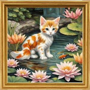 Art hand Auction 猫 鯉 池 花 AI L版サイズプリント ハンドメイド 絵画 絵 イラスト, 美術品, 絵画, その他