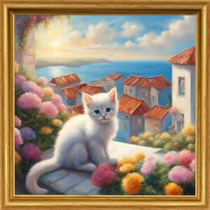 Art hand Auction White cat by a window in the sunlight Cat Flowers Ocean Illustration Picture Painting Interior Kitten L size print Handmade, Artwork, Painting, others