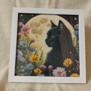 月　星　猫　黒猫　花　イラスト　絵　絵画　インテリア Ｌ版サイズプリント ハンドメイド