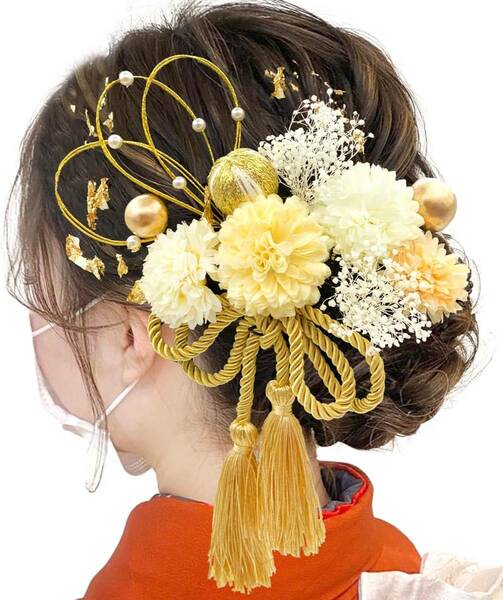 13点セット 6色 金箔 華やぐ髪飾り 着脱が簡単 髪飾り 成人式 ヘアアクセサリー 七五三 卒業式 入学式 着物 贈り物にも適合 イエロー