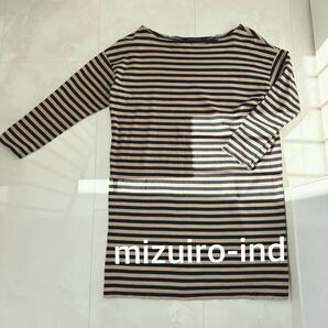 mizuiro-ind ミズイロインド ボートネック ネイビー×ベージュ ゆったり 身幅広め膝丈ワンピース ひざ丈 チュニック カットソー 長袖 M L