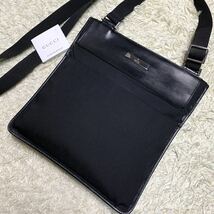 1円 美品 GUCCI グッチ メンズ ショルダーバッグ サコッシュ ボディ メッセンジャー GG プレート ブラック 黒 レザー ナイロン 斜め掛け_画像1