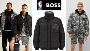 15万新品◆48=M◆BOSS×NBAコラボ 撥水加工リバーシブルオーバーサイズダウンジャケット黒グレージュ系 ベストにも 1円