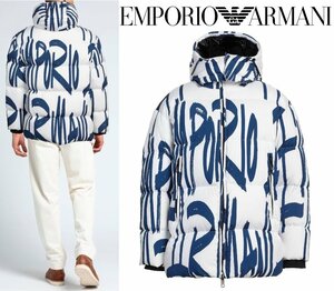 20万新品◆54=XXL◆EMPORIOアルマーニ 白×青ロゴダウンジャケット フード着脱可1円