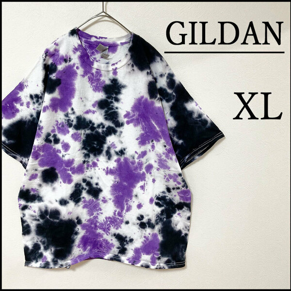 メンズ服新品タイダイ柄半袖TシャツXL　白紫黒 春夏物 ブランド LL トップス　2L　丸首　ゆったり　エスニック　ギルダン　GILDAN　模様