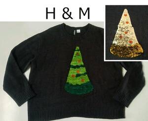 クリスマス！《送込》（Y47）【H＆M　ニットセーター】スパンコールでクリスマスツリー柄　柄の裏面は別色　黒地　Lサイズ　アクリル100％