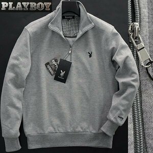 新品 プレイボーイ 23年 新作 ハーフジップ スウェット トレーナー M 灰 【1904_97】 PLAYBOY バニー 刺繍 ジップアップ メンズ