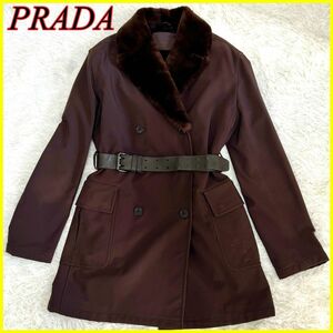 【美品】PRADA プラダ 毛皮コート コート ベルト付き ブラウン 42 L ヴィンテージ ロングコート