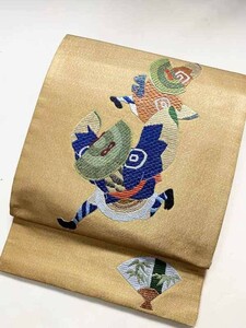 ★きものさらさ　アンティーク着物帯★昼夜帯　雀踊り　鳥　刺繍　図変わり　正絹　大正ロマン　古布　古裂　古典文様　相良刺繍