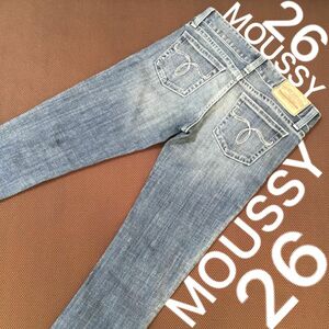 【美品】 MOUSSY デニム ローライズ 26 裾上げなし ホワイトステッチ デニムパンツ スキニー
