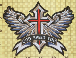 送料無料! GOD SPEED YOU 特大 刺繍 ワッペン（ライダー バイカー ハーレー チョッパー ウイング 翼 十字架