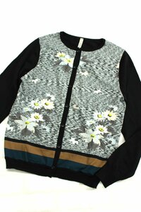  small size beautiful goods anti pa -stroke floral print switch round neck wool knitted cardigan black 1 mg270