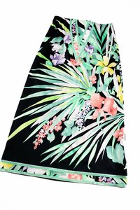 LEONARDレオナール/花柄プリントコットン100％ナロースカート：L/黒緑系xv852
