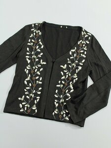 美品 sybilla/シビラ 刺繍入り長袖Vネックニットカーディガン 黒白緑茶L ak309