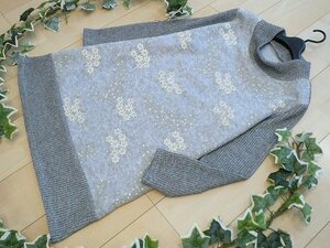 【新品】8604【L】上質 花刺繍 ニット チュニック ワンピース グレー系 長袖 ハイネック リブ編み エレガント 上品 40代 50代 60代 秋 冬