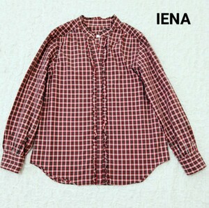 IENA une petites merveille*イエナ*フリル*チェック柄ブラウス*長袖シャツ*スタンドカラー*赤系*コットン*綿100％*日本製