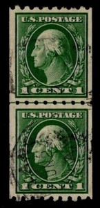 アメリカ切手　1908年シリーズ １￠コイル切手、ラインペア、使用済、APS鑑定書付（#410）