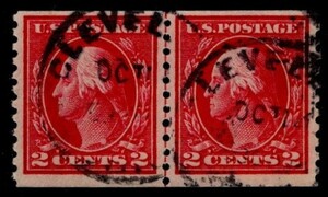 アメリカ切手　1908年シリーズ ２￠コイル切手、ラインペア、使用済、APS鑑定書付（#444）