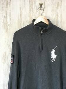 V509☆【ビッグポニー ハーフジップ コットン ニット】Ralph Lauren ラルフローレン スキー ワッペン セーター グレー L