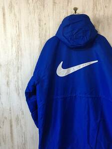 712☆【90s 裏ボア ナイロン ベンチコート 青】NIKE ナイキ スウォッシュロゴ ヴィンテージ ロングジャケット XL