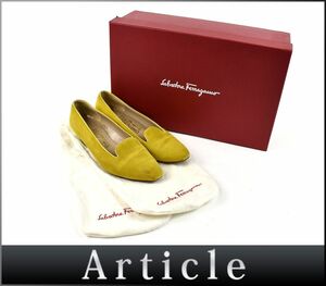 155549□ Ferragamo フェラガモ パンプス ローファー 靴 5D 22.5cm スエード レザー 革 イエロー 黄色 レディース ローヒール 箱付/ F