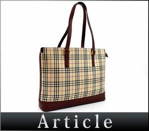 154558☆ BURBERRY バーバリー トートバッグ バッグ 肩掛け チェック柄 キャンバス レザー ベージュ ボルドー レディース 通勤 通学/ B