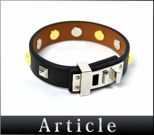 158818□美品 HERMES エルメス ミニドッグスクエアクルー ブレスレット 腕輪 X刻印 レザー 革 ブラック 黒 シルバー スタッズ/ E