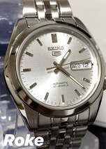 新品 SEIKO5 セイコー5 日本製 自動巻き 機械式 腕時計 シルバー セイコー5ロゴ文字盤 裏ブタスケルトン ビジネスウォッチ カレンダー_画像2