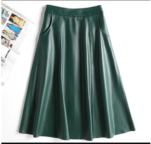 レディースラムレザースカート緑色フレアスカートS