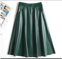 レディースラムレザースカート緑色フレアスカートXXXL_画像1